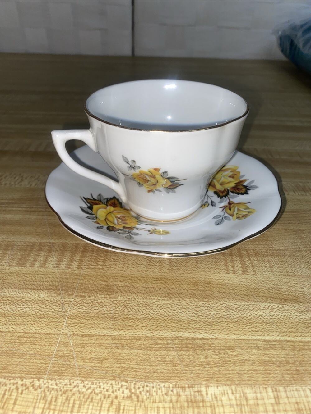 Rosina Bone China Teacup Saucer Set Yellow Roses Gold Trim England Floral Tea